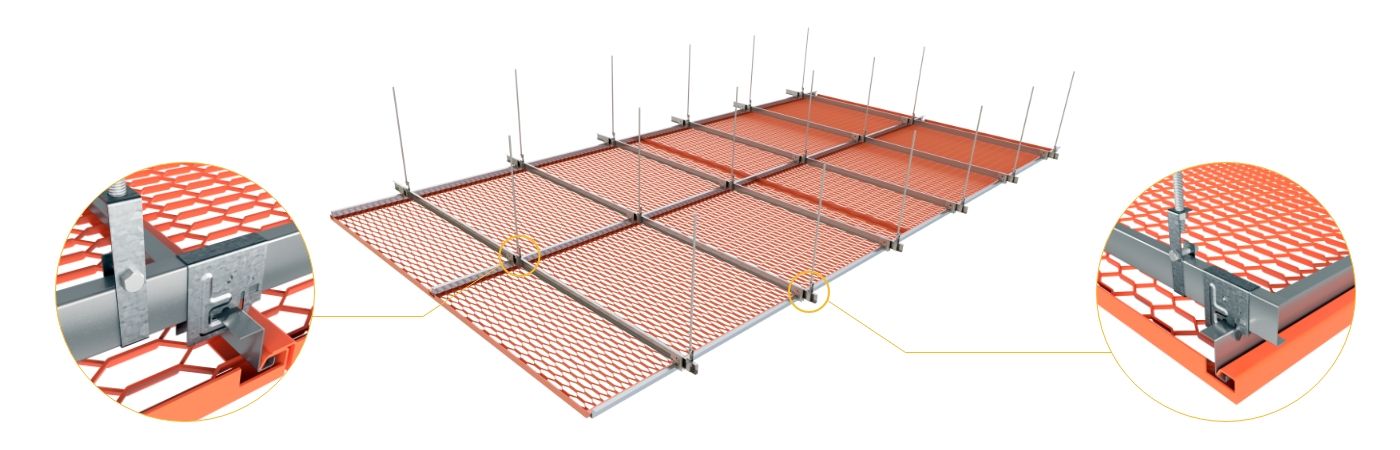 The top view of red expanded metal ceiling panel installation diagram and connection details.
