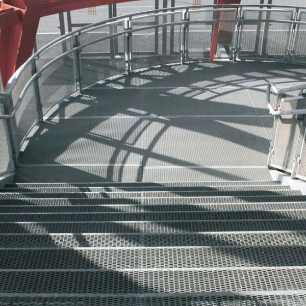Expanded metal stair treads for industrial platform and stairs.